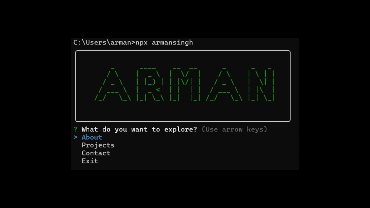 Arman CLI - Terminal Portfolio — Node.js and JavaScript project by Arman Singh